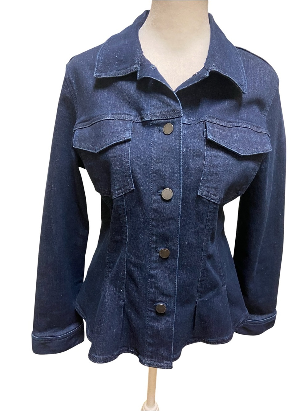 Ann Taylor Dark Wash Denim Peplum Jacket Size 10 Tapered Stretch Classic